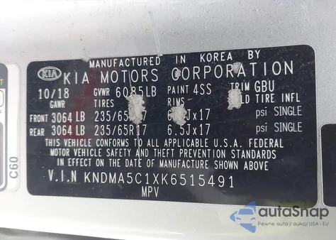 2019 Kia Sedona L z USA, uszkodzony, nr VIN KNDMA5C1XK6515491